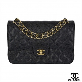 Chanel Classic flap Jumbo Handbag in black Caviar leather